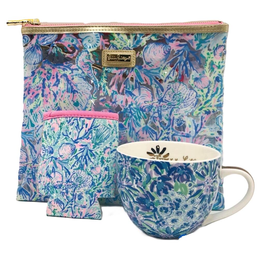 Lilly Pulitzer Blue Floral Hidden Lion Mug Beach Day Koozie Clear Pouch Set - Picture 10 of 10